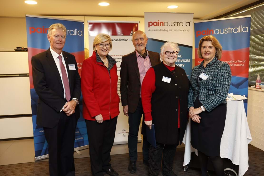 Major General (Ret'd) Duncan Lewis AO DSC CSC, Senator Wendy Askew, Dr Geoff Speldewinde, Painaustralia Board Director and Consumer Advisory Group Chair, Sister Mary-Lynne Cochrane and Painaustralia CEO, Carol Bennett